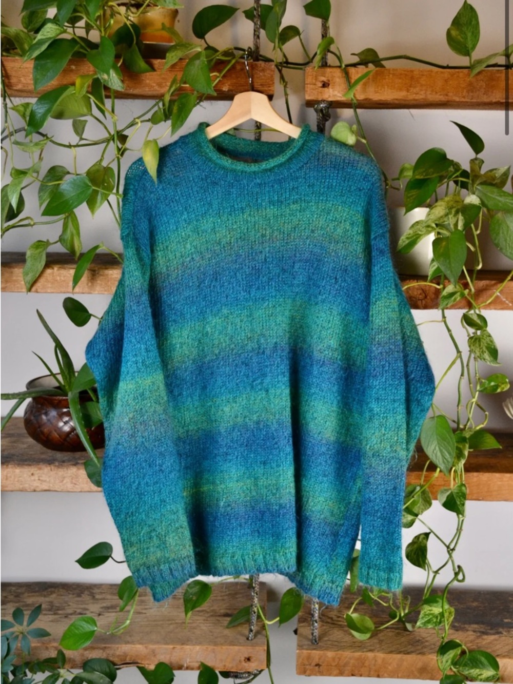 Vintage Mohair Blue-Green Ombre Cozy Knit Sweater